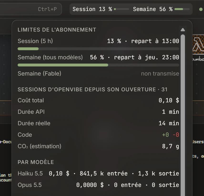 The usage detail: session and weekly limits, cost, durations, tokens per model and prompt cache